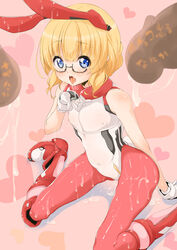 adele_balfetto animal_ears blonde_hair blue_eyes bodysuit bunny_ears cum cum_in_mouth cum_on_body cum_on_clothes cum_on_glasses cum_on_lower_body cum_on_thigh cum_on_thighs cumdrip female glasses gloves kyoukaisenjou_no_horizon neyonsan penis pink_legwear solo