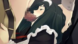 belt black_hair blush caucasus_nanatsuki_no_nie censored fellatio female game_cg green_eyes hand_on_head innocent_grey maid maid_headdress oral pants_down penis saliva short_hair standing tear