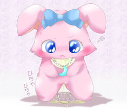 1girls anthro blue_eyes blush chibi cute female female_only fur furry japanese_text jewelpet jewelpet_(species) lagomorph looking_down luna_(jewelpet) necklace peeing pussy rabbit ribbons sanrio simple_background solo standing suvaru tagme text urine