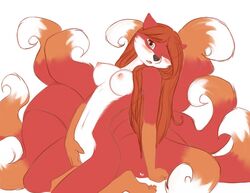 anthro breasts canine female fingering fox fur furry iko looking_at_viewer masturbation multiple_tails nude one_closed_eye pussy solo vaginal_penetration