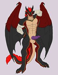 4_toes abs anthro arody balls bandage biceps claws dragon erection feathers fur horn knot looking_at_viewer male male_only muscles mutant-serpentina mutant_serpentina nude paws pecs penis pose purple_penis reptile scalie solo sulferdragon wings