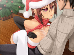 1boy aebafuti christmas cum female gloves huge_breasts male original paizuri santa_costume santa_hat short_hair straight sweater tree