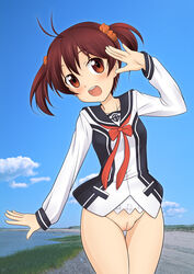 blush bottomless breasts brown_eyes brown_hair female isshiki_akane koyomisa looking_at_viewer pussy school_uniform short_hair solo thigh_gap uncensored vividred_operation