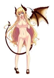 blonde_hair breasts demon_girl enoko_(zqfebi) fangs ga_no_kitsune highres horns large_breasts long_hair long_tongue monster_girl nipples nude pubic_hair pussy simple_background single_wing succubus tail tongue uncensored white_background wings