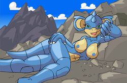 blue_body breasts hand_on_hip looking_at_viewer lying lying_on_side nidoqueen pikanjo pokemon pokemon_(species) pokemon_snap_xxx rock tagme tail thick_thighs uncensored