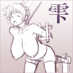 animal_ear arms_behind_back bell bell_collar bent_over bondage breasts closed_eyes collar cow_ear cow_girl cow_horns cow_print cowbell fake_animal_ear female femsub hanging_breasts headset horns huge_breasts idolmaster idolmaster_cinderella_girls leash machine monochrome nipples oikawa_shizuku sex_machine short_hair solo stocks topless zero_hime