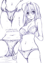 blush bra braid breasts cameltoe kanon long_hair milf minase_akiko mitarashi_kousei monochrome navel panties panty_pull rough sketch spread_legs text translation_request underwear