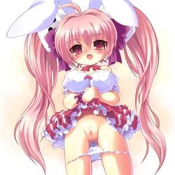 1girls animal_ear blush breasts bunny_ear di_gi_charat female frills long_hair looking_at_viewer miokuri panties panty_pull pink_eyes pink_hair pubic_hair pussy skirt skirt_lift solo tied_hair twintails uncensored underwear usada_hikaru