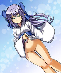 alto-00 female green_eyes kimono long_hair no_panties pointy_ears purple_hair pussy skirt_lift solo uncensored