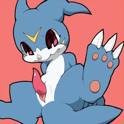 anus blue_skin claws cloaca digimon happy horn looking_at_viewer male otona_no_kitsune paws penis pink_background plain_background raised_leg red_eyes sharp_teeth smile teeth veemon young