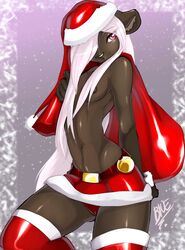 acacia anthro bag bell belt breasts cameltoe christmas clothing edit female furry hair half-dressed hat holidays long_hair nipples peritian rule_63 santa_costume santa_hat skirt sleigh_bell solo standing stockings topless white_hair wombat