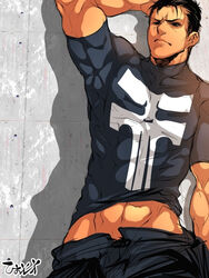 1boy bara black_hair clothing frank_castle front_view frown h10z hair hand_behind_head human male male_only marvel muscle muscles muscular_male pose punisher round_ears shirt short_hair solo tagme