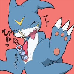 anal_beads anus claws cloaca closed_eyes crying cum cumshot digimon horn japanese_text male orgasm otona_no_kitsune paws penis sex_toy spread_legs spreading text tongue tongue_out veemon