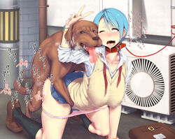 ;p ahe_gao air_conditioner bag blue_hair blush breasts canine collar doggy_style dominant_feral female female_on_feral feral footwear fucked_silly heart hi_res huge_breasts human_on_feral japanese_text kneehighs kneeling large_breasts leash looking_at_viewer messenger_bag open_mouth panties panty_pull pink_panties saliva school_uniform sex short_hair shoulder_bag socks sweat tongue underwear v vest wide_hips wink x-ray yellow_eyes zero_(artist) zoophilia