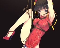 1girls armpits arms_up bondage breasts brown_hair chinese_dress covered_nipples dildo dress erect_nipples f-ism high_heels murakami_suigun panties restrained rope rope_bondage sex_toy shibari shibari_over_clothes short_hair solo