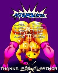 after_sex anus areola ass big_breasts big_butt breasts cum cum_in_ass cum_in_pussy cum_inside cum_on_breasts english_text erect_nipples female looking_at_viewer looking_back messy monster_girl ms._pac-man namco navel nipples orgasm presenting presenting_hindquarters pussy smile solo text thecon video_games