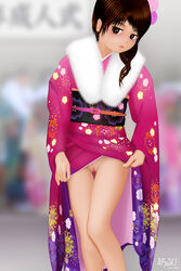 acerbi brown_eyes brown_hair female kimono looking_at_viewer no_panties pussy solo uncensored