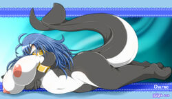 big_breasts blue_hair blush breasts cetacean charme collar female hair huge_breasts marine nipples nude orca solo ymbk