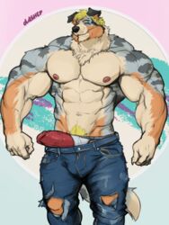 1boy 2020 3:4 anthro big_muscles bottomwear bulge canid canine canis clothing collie domestic_dog droopy_ears erection eyewear eyewear_on_head floopy_ears genitals half-closed_eyes herding_dog huge_muscles jeans looking_at_viewer male male_only mammal mane muscular muscular_anthro muscular_male narrowed_eyes oldshep pants partially_clothed pastoral_dog penis poking_out sheepdog solo standing sunglasses sunglasses_on_head thick_penis topless topless_male torn_bottomwear torn_clothing torn_jeans torn_pants underwear white_underwear