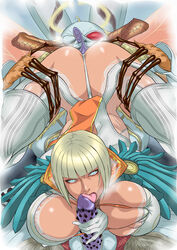 1boy 1girls 69 69_position blonde_hair breasts capcom dark-skinned_female dark_skin devil_may_cry devil_may_cry_4 fellatio gloria_(devil_may_cry) huge_breasts human interspecies large_breasts oral penis shibire_hitsuji short_hair