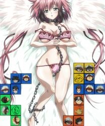 angel angel_wings bed bikini blush bra breasts chains collar female green_eyes ikaros large_breasts long_hair multiple_males open_mouth panties photoshop pink_bikini pink_bra pink_hair screencap solo sora_no_otoshimono tear tetris very_long_hair wings