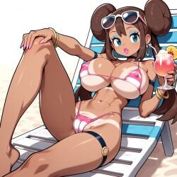 1girl 1girls ai_generated arm_strap beach beach_chair big_lips bikini_tan bimbo blue_eyes bracelet bracelets cameltoe choker cocktail covered_nipples erect_nipples_under_clothes eyeshadow fake_breasts fat_mons female_only hair_bun hand_on_knee holding_drink hoop_earrings huge_breasts leaning_back lipstick looking_at_viewer microbikini nail_polish one_leg_up pink_lips pokemon pussy_peek rosa_(pokemon) round_breasts silicone_implants sitting skindentation skinny solo striped_bikini sunglasses_on_head tan thigh_strap