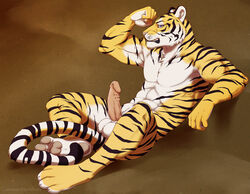 abs anthro balls barbs biceps blue_eyes erection feline flexing fur furry guiomar humanoid_penis looking_at_viewer male male_only marks muscles nippleless_male paws penis pose solo stripes tiger toned white_fur yellow_fur