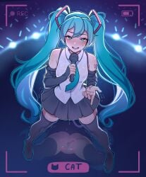 1girls ass blue_eyes blue_hair blush exhibitionism hair_ornament hatsune_miku heart-shaped_pupils long_hair looking_at_viewer looking_up microphone no_panties open_mouth outside partially_clothed peace_sign presenting public_nudity pussy recording reflection skirt smile stage standing starli tattoo thick_thighs twintails vibrator vocaloid