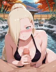1boy ai ai_generated bikini black_bikini blonde_hair blue_eyes blush breasts collarboneai_generated female fingerhotpepper hair_ornament hair_over_one_eye handjob ino_yamanaka long_hair looking_at_viewer naruto_shippuden nose_blush onsen penis ponytail pool straight swimsuit water wet
