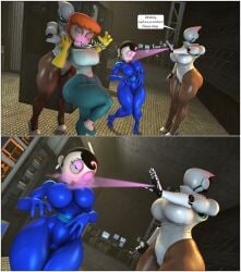 3d 3d_(artwork) 4girls agent_honeydew black_hair blue_bodysuit bodysuit brown_legs crossover dexter's_laboratory dexter's_mom domination faceless faceless_character gas gas_cloud gloves haydee haydee_(game) heels hypnosis hypnotized latex latex_gloves orange_hair robot tagme white_body yellow_gloves