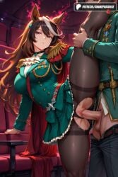 1boy 1girls 2025 ai_assisted ai_generated animal_ears anime animeprds25 artist_name black_panties breasts brown_hair clothing_aside epaulettes hi_res high_quality high_resolution highres horse_ears horse_girl long_hair medal multicolored_hair panties panties_aside pantyhose patreon patreon_username penis purple_eyes sex split stable_diffusion standing standing_on_one_leg standing_split straight symboli_rudolf_(umamusume) testicles torn_clothes torn_pantyhose underwear vaginal_penetration watermark
