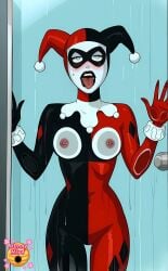1female 2d ai_edit ai_generated areolae artist_logo baddie batman:_the_animated_series batman_(series) black_lips black_lipstick blue_eyed_female blue_eyes blue_eyes_female blush blushing_female bodysuit boobs_exposed boobs_out breast_piercing breast_piercings breasts breasts_exposed breasts_focus breasts_out clothed clothes clothing clown clown_collar clown_costume clown_girl clown_makeup dc dc_comics dcau dcu diamond_(shape) domino_mask english_text exposed_boobs exposed_breasts eyemask female female_human female_only front_view gloves harlequin_outfit harley_quinn harley_quinn_(classic) hat headwear high_res high_resolution highres human human_female hunnyhive hunnyhive(artist) hunnyhivestudio hunnyhivestudios indoors jester_costume jester_hat jester_outfit licking_glass lips mask nipple_piercing nipple_piercings nipples nipples_exposed nipples_out open_bodysuit open_mouth pierced_nipples piercings pressed_on_glass red_and_black ripped_bodysuit ripped_clothing shower showering showering_while_clothed sleeves solo solo_female standing sticking_out_tongue sticking_tongue_out supervillain supervillainess teeth teeth_showing teeth_visible thigh_gap tight_clothes tight_clothing tits_focus tits_out tongue tongue_out villain villainess warner_bros warner_bros._animation warner_brothers wet wet_clothes wet_clothing white_skin white_skinned_female woman_solo
