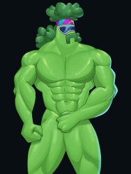 1boy 2d 2d_(artwork) abs artistic_nudity black_background brock_(fortnite) buff buff_male facial_hair food food_humanoid fortnite fortnite:_battle_royale gay green_skin hand_over_crotch headband male male_only moustache muscular muscular_male no_visible_genitalia nude nude_male pecs slsinlogo solid_color_background solo solo_focus solo_male vegetable vegetable_humanoid visor_glasses