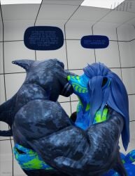 2025 3:2 3d_(artwork) absurd_res after_transformation anthro aquatic artist_logo bear blender_(artwork) blender_cycles_(artwork) blue_body blue_hair camo_body close_together codename_nihil dasha_(petruz) detailed_background digital_media_(artwork) duo english_text eye_contact eyes_closed female fish genitals hair hammerhead_(petruz) hands_on_shoulders hi_res hug i_love_you kiss_on_lips kissing latex living_sex_doll logo looking_at_another love male mammal open_mouth sex_doll_holes shark side_view signature story_at_source test_chamber text thought_bubble thoughts watermark