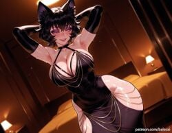 ai_generated animal_ears armpits balecxi black_dress black_gloves black_hair blush cat_ears cleavage elbow_gloves female indoors jewelry kali_belladonna large_breasts makeup patreon_username rwby short_hair smile solo sweat yellow_eyes