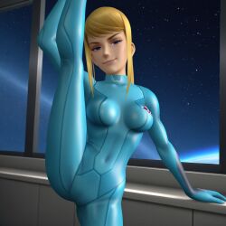 1girls 2025 3d ai_generated background blonde_hair blue_eyes d3rmal female female_only flexible front_view holding_legs horny leg_up legs long_hair medium_breasts metroid naughty naughty_face naughty_girl ponytail samus_aran smug solo space stars suit super_smash_bros. super_smash_bros._brawl tagme window zero_suit_samus