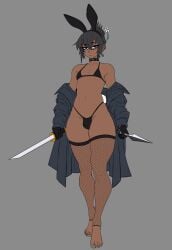 1boy 1femboy ass balls_in_panties balls_in_thong barefoot big_ass bikini black_hair blue_eyes bubble_butt bulge bunny_boy bunny_ears choker dark-skinned_femboy dark-skinned_male dark_skin ear_studs earrings eyelashes fake_animal_ears fat_ass femboy feminine feminine_male fishnet_legwear fishnets girly gloves goonable hair_bun hair_ornament huge_ass huge_ass_(male) jacket jacket_partially_removed khaio kunai male micro_bikini ninja original original_character penis_in_thong perfect_ass perfect_body perfection rare round_ass shinobi small_penis sword thick thick_ass thick_thighs thighs thong unusual_pupils voluptuous voluptuous_body voluptuous_femboy voluptuous_male weapon