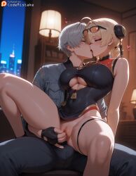 1boy 1boy1girl 1boys 1girl1boy 1girls ai_generated bare_shoulders blonde_hair bulge bun_cover china_dress codemistake cowgirl_position dark denim_jeans female fingering fingerless_gloves french_kiss green_eyes grey_hair indoors kissing knee_up night patreon patreon_link patreon_logo patreon_url patreon_username purple_eyes pussy sitting sweety_(zenless_zone_zero) thigh_strap underboob underboob_cutout wise_(zenless_zone_zero) zenless_zone_zero