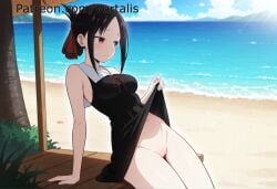 ai_generated arm_support bangs bare_shoulders beach black_dress black_hair blue_sky blush breasts clothes_lift cloud day dress dress_lift female folded_ponytail groin hair_ribbon horizon kaguya-sama_wa_kokurasetai_~tensai-tachi_no_renai_zunousen~ lifted_by_self looking_away medium_breasts navel no_panties ocean outdoors parted_bangs pussy red_eyes red_ribbon ribbon sand school_uniform shinomiya_kaguya shuuchiin_academy_school_uniform sidelocks sitting sky sleeveless sleeveless_dress solo tree vortalis water