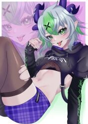 1girls :p belly_button blush breasts crop_top female female_only fishnet_topwear fishnet_undershirt fishnets flat_belly flat_stomach froot goth goth_girl green_eyes green_hair grey_hair hair hairclip hood hood_down hoodie horn_piercing horns indie_virtual_youtuber layered_sleeves leaning_back long_sleeves looking_at_viewer medium_breasts messy_hair midriff multicolored_hair navel open_mouth pale-skinned_female pale_skin petite petite_body petite_female pointy_ears reclining ripped_clothing short_hair shorts sitting slim slim_waist solo stomach teeth thigh_squish thighhighs thighs tomboy tongue tongue_out torn_legwear torn_sleeves underboob virtual_youtuber vtuber