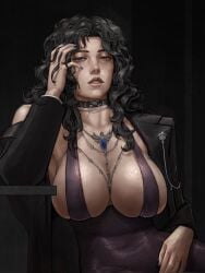 k1lltheguard46 original original_character tagme black_hair long_hair blue_eyes looking_at_viewer choker hand_on_face jacket open_jacket dress revealing_clothes necklace neckwear breasts sideboob slim_waist