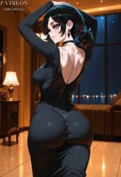 1girls ai_generated arms_up artist_name ashley_graves ass ass_focus back back_cutout backless_dress backless_outfit bangs bed bedroom big_ass black_choker black_dress black_hair blurry_background breasts choker closed_mouth clothing curvy depth_of_field desk_lamp dongtan_dress dress earrings female female_only from_behind goth_fashion impossible_clothes indoors jewelry lamp large_breasts light-skinned_female long_dress long_sleeves looking_at_viewer looking_back mature_female median_furrow medium_breasts medium_hair narrow_waist night night_sky pantylines patreon_username purple_eyes reflection short_ponytail shoulder_blades smile solo taut_clothes taut_dress the_coffin_of_andy_and_leyley thighs tight_clothes tight_dress tile_floor tiles vantawaifu wide_hips window