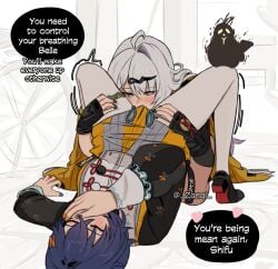 2girls armwear belle_(delicate_sunlight)_(zenless_zone_zero) belle_(zenless_zone_zero) between_legs bird black_nails blue_hair blush clothed clothed_sex clothing cunnilingus dialogue fingerless_gloves fully_clothed hair_ornament hairpin hand_on_another's_thigh hand_on_thigh hand_over_mouth hand_over_own_mouth holding_thigh implied_cunnilingus implied_oral legs_up lesbian_sex looking_at_partner multicolored_nails nail_polish official_alternate_costume on_back oral painted_nails speech_bubble sweat sweatdrop tagme text thick_thighs thigh_strap thighs tremble_lines tremble_spikes trembling trembling_for_pleasure white_hair yellow_eyes yixuan_(zenless_zone_zero) yuri zanqi zenless_zone_zero