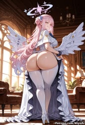 1girl ai_assisted ai_generated angel angel_wings ass bangs blue_archive breasts curvaceous curvy curvy_female curvy_figure dress eyebrows_visible_through_hair feathered_wings feathers female flower hair_flower hair_ornament halo high_heels indoors large_breasts long_hair looking_at_viewer looking_back mika_(blue_archive) mini_wings miyuai multicolored_hair pink_hair smile solo standing thick thick_ass thick_butt thick_hips thick_legs thick_thighs thighhighs thighs very_long_hair voluptuous voluptuous_female white_dress white_legwear white_wings wide_hips wide_thighs wings