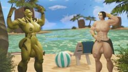 3d beach beach_ball blizzard_entertainment ciera_shaw flexing futa_only futanari green-skinned_futa green_skin grokasha_ironfang human_(world_of_warcraft) muscular_futa muscular_male orc_(warcraft) orc_futa original_character outdoors roleplay_character tagme tanned tits_out warcraft world_of_warcraft