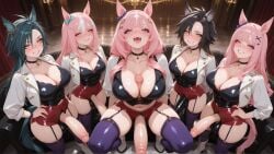 absurdres ahe_gao ai_art ai_generated air_shakur_(umamusume) animal_ear_fluff animal_ears bangs between_breasts black_choker blue_bow blue_eyes blue_ribbon blunt_bangs blush bow breasts choker cleavage clenched_teeth closed_mouth collarbone covered_nipples cropped_jacket curtains detailed detailed_background dickgirl ear_bow ear_covers ear_fluff ear_piercing earrings erection eyelashes eyeshadow fangs full-face_blush futanari garter_belt garter_straps grin hair_between_eyes hair_ornament hairclip hand_on_hip heavy_breathing horse_ears horse_tail huge_cock jacket jewelry kneeling koneko konekofuta large_breasts large_penis lighting lips long_sleeves looking_at_viewer midriff multicolored_hair navel open_clothes open_jacket open_mouth orange_eyes parted_bangs parted_lips penis piercing pink_hair ponytail pov precum red_choker red_gloves red_jacket red_shorts ribbon sharp_teeth shiny_clothes shiny_skin short_shorts short_sleeves shorts skindentation skinny skinny_futa slim slim_waist smile squatting standing stomach streaked_hair sweat tail taut_clothes teeth testicles thighhighs thighs twintails two-tone_hair umamusume upper_teeth very_long_hair white_footwear white_jacket x_hair_ornament