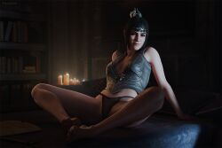 1girls 3d 3d_render baldur's_gate baldur's_gate_3 black_hair braided_hair circlet elf_female feet green_eyes indoors koelet3d looking_at_viewer panties pointy_ears scar shadowheart smile solo teasing toes