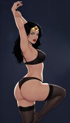 1girls ai_generated alternate_costume amazon armpits arms_up ass bangs bare_arms big_ass big_breasts black_bra black_hair black_legwear black_lingerie black_panties black_thighhighs black_underwear blue_eyes bra breasts dc dc_comics dcau diana_prince from_behind gold_jewelry grey_background heroine huge_ass jewelry justice_league justice_league_unlimited legs legwear lingerie lips lipstick long_hair looking_at_viewer makeup medium_breasts midriff neck open_mouth panties parted_bangs red_lipstick round_teeth sghero1234 smile standing standing_on_one_leg star star_(symbol) star_print straight_hair superheroine teeth themysciran thick_thighs thighhighs thighs tiara underwear upper_teeth upper_teeth_only wonder_woman wonder_woman_(dcau) wonder_woman_(series)