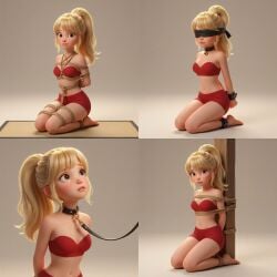 1girls ai_3d ai_generated ankle_cuffs bare_shoulders barefoot blindfold blindfolded blonde-haired_female blonde_female blonde_hair bondage brown_eyes collar empty_background female female_focus female_only kneeling leash leash_and_collar light_skin looking_at_viewer looking_up multi_panel pole_tied ponytail random_character rope_bondage shibari_bondage shorts tied_to_pole tight_clothes tight_clothing wrist_cuffs yellow_hair