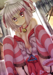 ahoge animal_ears bare_shoulders breasts cleavage collarbone female garter_straps hair_ornament hair_ribbon hairclip highres humanized latias naked_sweater nintendo off_shoulder personification pokemon pokemon_(species) pokemon_rse purple_eyes ribbon ribbon_choker short_hair sitting solo striped striped_legwear sweater thighhighs two_side_up wataru_(zazazazazazawa) white_hair zipper